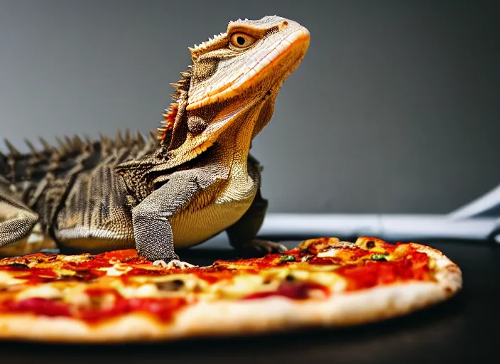 Image similar to dslr portrait still of a bearded dragon eating a peperoni pizza, 8 k 8 5 mm f 1. 4