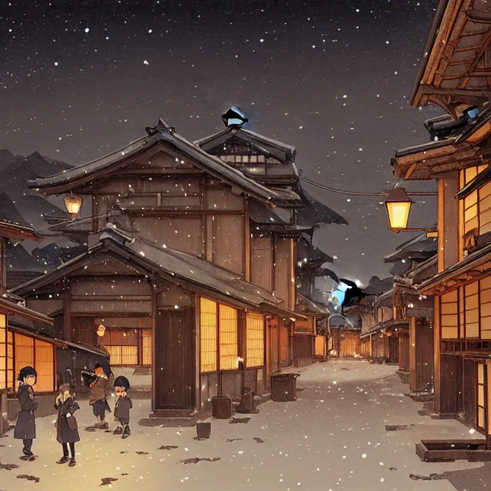 Image similar to empty rural japanese town at night, winter, in the style of studio ghibli, j. c. leyendecker, greg rutkowski, artem