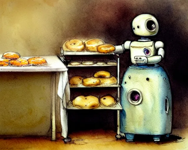 Prompt: a cute little robot in the kitchen baking bagels, holding a tray of bagels, watercolor painting by jean - baptiste monge, muted colors