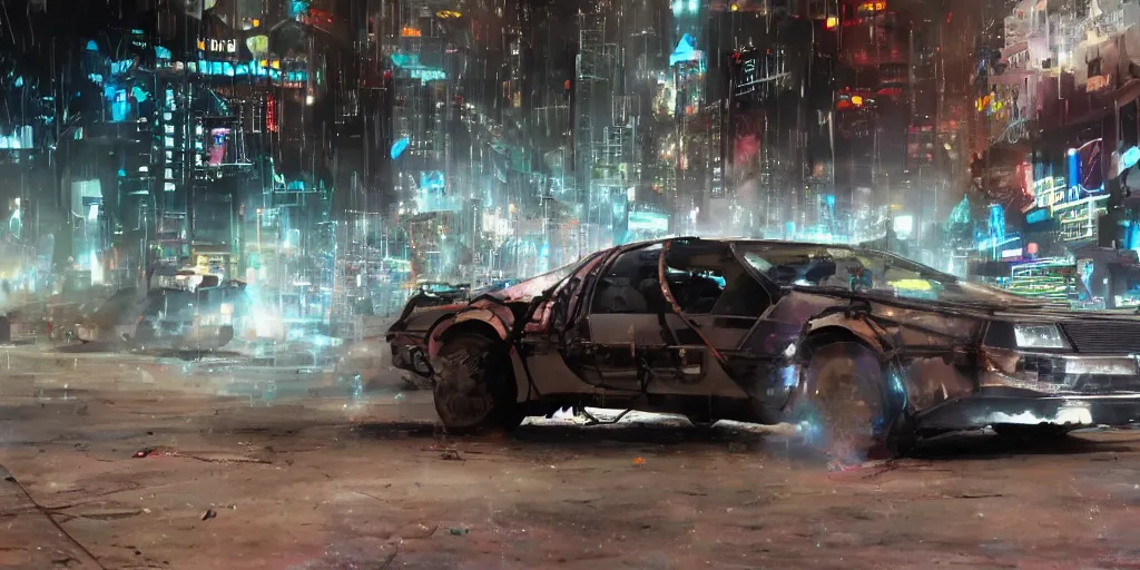 Image similar to a cyberpunk delorean breaking the space - time continuum, energy and time particles, dramatic framing, movie footage, 8 k