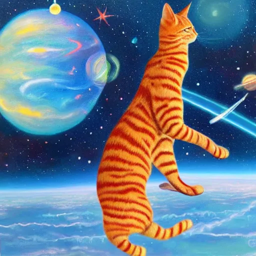 Prompt: a red tabby cat flying through space while sitting on a synthesizer, highly detailed oil painting