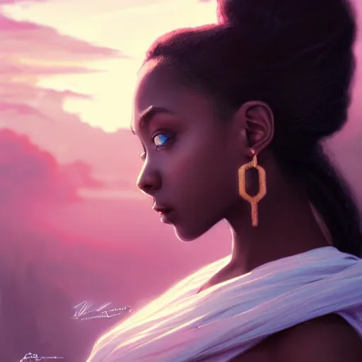 Image similar to a Photorealistic dramatic hyperrealistic bright blue eyes, African American elegant girl, black hair, white veil,by WLOP,Artgerm,Greg Rutkowski,Alphonse Mucha, Dang My Linh, Beautiful dynamic dramatic bright sunset lighting,shadows,cinematic atmosphere,Artstation,concept design art,Octane render,8k