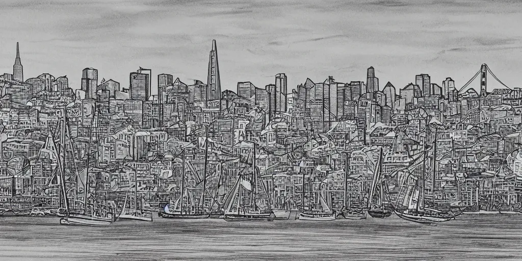 Prompt: san francisco harbor line art by wilt chamberlain