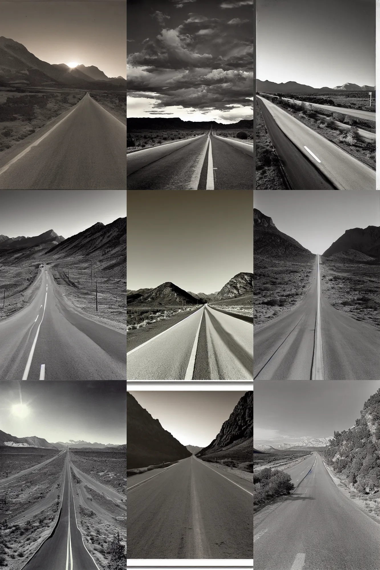 Prompt: sunset at the end of a long highway by ansel adams