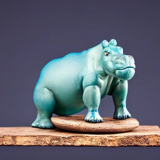 Image similar to small hippopotamus wood and blue epoxy sculpture, small, 3 5 mm macro photography, studio
