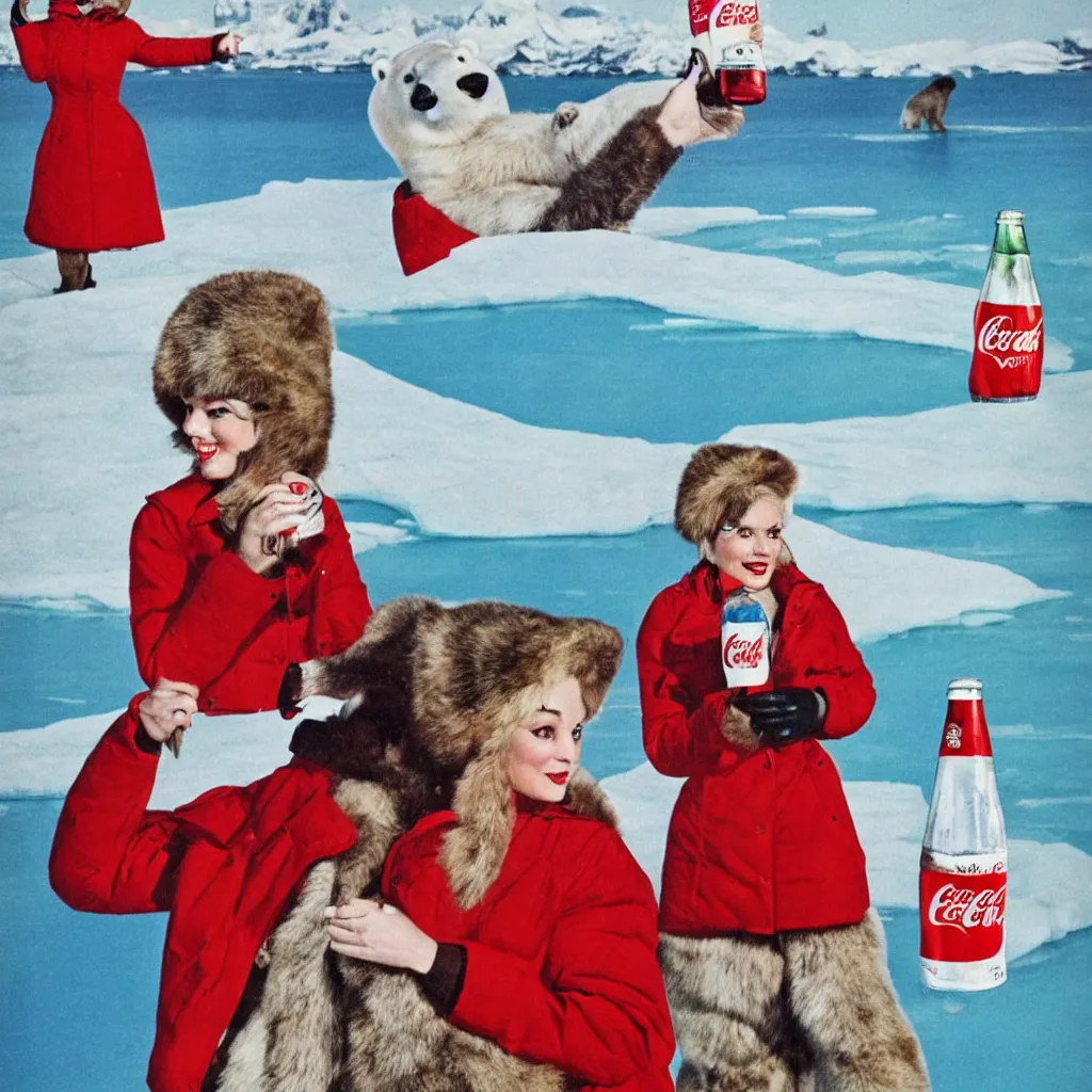 Image similar to woman wearing a parka drinking a bottle of coke in front of an icy polar landscape, polar bear in the far background, coka-cola advertisement, pinup style, retro ad, print advertising, 1960's