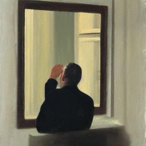 Image similar to painting of a man looking at his reflection