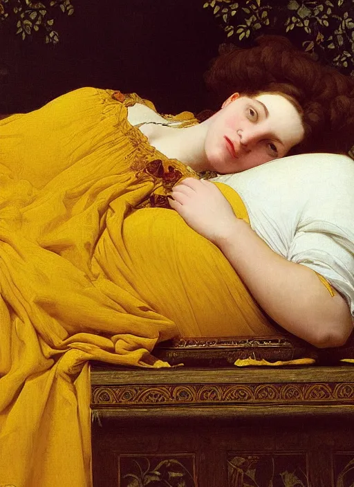 Image similar to masterpiece portrait of lady reclining on bed wearing yellow ochre ornate medieval dress, foreshortening, colour photography by frederic leighton, william morris, 8 k