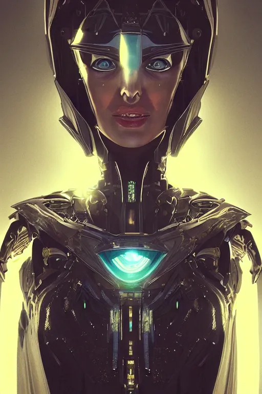 Image similar to beautiful cyborg priestess, scifi, perfect face, futuristic, elegant cape, aura of light, glow, concept art, sharp focus, inside a space ship, trending on artstation, hwang se - on, intricate, advanced technology, art by roman makarenko and simon almeida and marcos melco