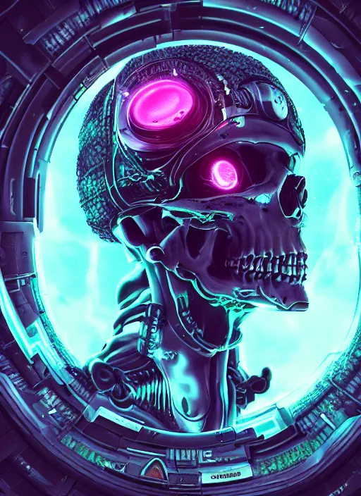 Image similar to a futuristic skull with glowing eyes and a wormhole tunnel, cyberpunk art by android jones, behance contest winner, computer art, darksynth, synthwave, rendered in cinema 4 d