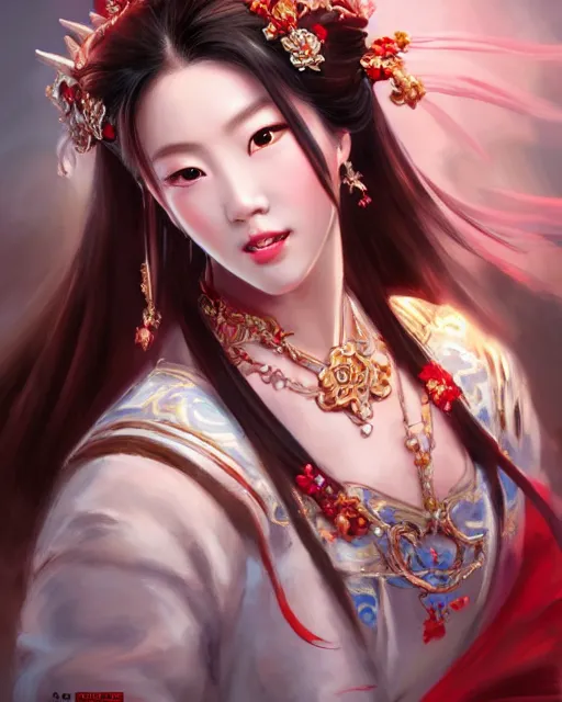 Image similar to beautiful portrait of diao chan , tzuyu from twice in romance of three kingdoms in the paintetly style of WLOP, artgerm, brush stroke oil painting, dynamic lighting, imagine fx, artstation