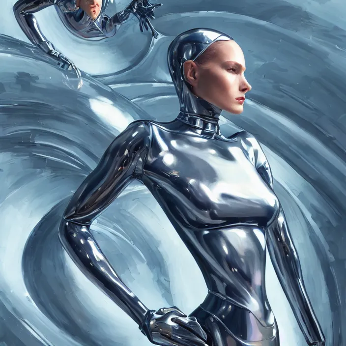 Prompt: aerodynamic princess cyborg, full body, high fashion, latex, urban, sharp, flowing, slick, highly detailed, motion, concept art, metallic, smooth, sharp focus, hd, art by greg rutkowski and alex grey and annie leibovitz