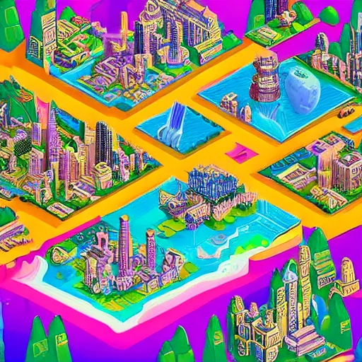 Prompt: isometric fantasy art of a giant waterfall city with tall skybridges and turrets, bold colors, detailed