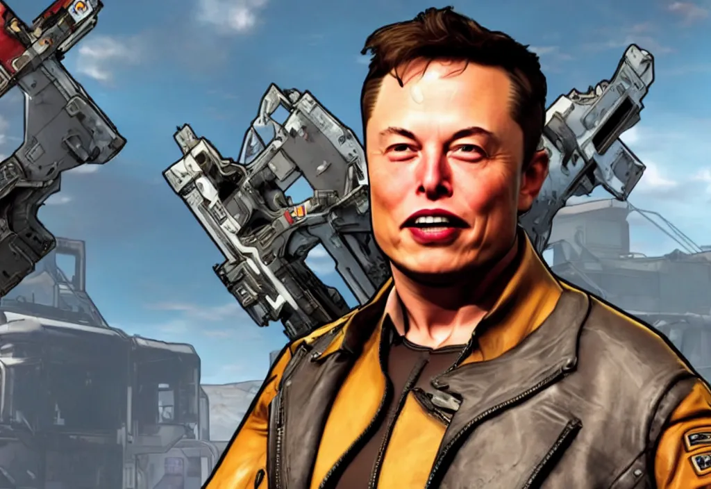 Image similar to elon musk in borderlands elon musk in the video game borderlands, gameplay screenshot, close up, 3 d rendering. unreal engine. amazing likeness. very detailed.