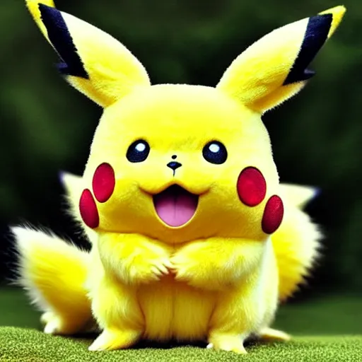 Image similar to real life pikachu pokemon, cute!!!, heroic!!!, adorable!!!, playful!!!, chubby!!! fluffly!!!, happy!!!, cheeky!!!, mischievous!!!, ultra realistic!!!, spring time, slight overcast weather, golden hour, sharp focus