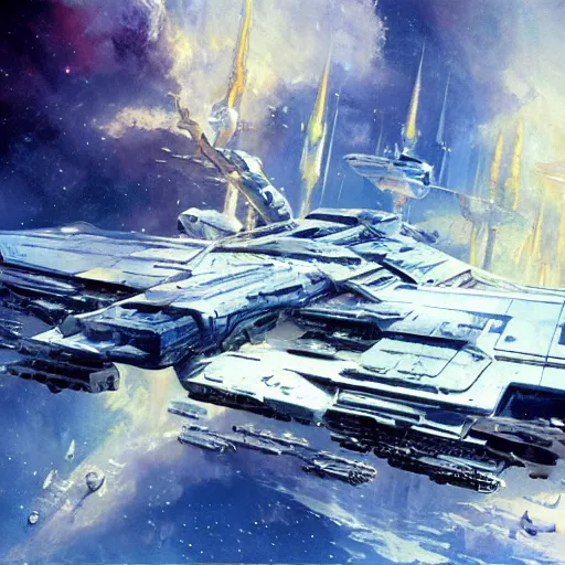 Prompt: A very detailed sci fi numerous huge white spaceships, with blue wing and firing nozzles, with superstructure deck in hungar, by john berkey, trending on artstation