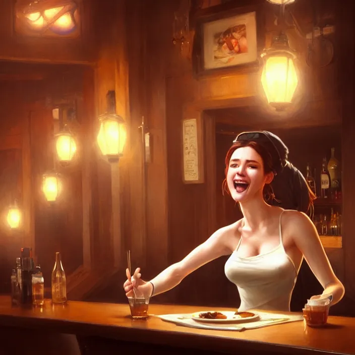 Image similar to a waitress singing on a table in a bar, elegant, real life skin, intricate artwork, high detailed, artstation, concept art, smooth, sharp focus, art by artgerm and greg rutkowski