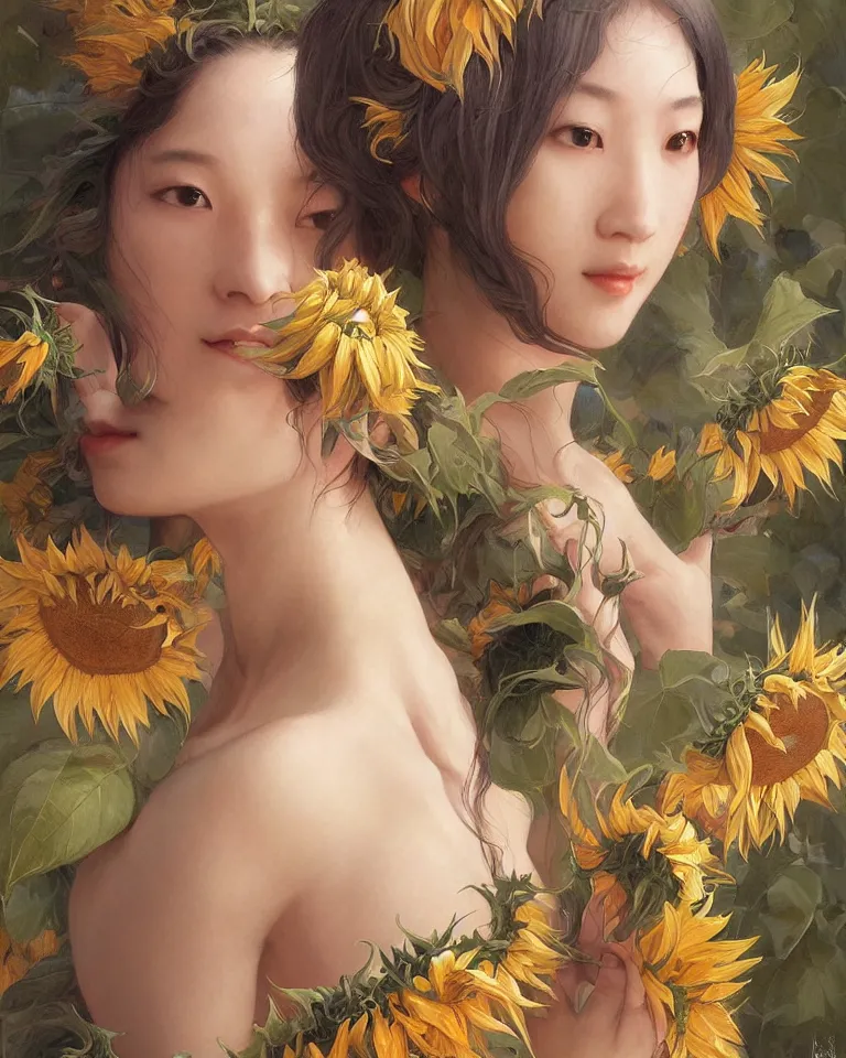 Image similar to character concept portrait of the sunflower goddess, an beautiful east-asian deity that channels sunlight and brings joy, intricate, elegant, digital painting, concept art, smooth, sharp focus, illustration, from Metal Gear, by Ruan Jia and Mandy Jurgens and William-Adolphe Bouguereau, Artgerm