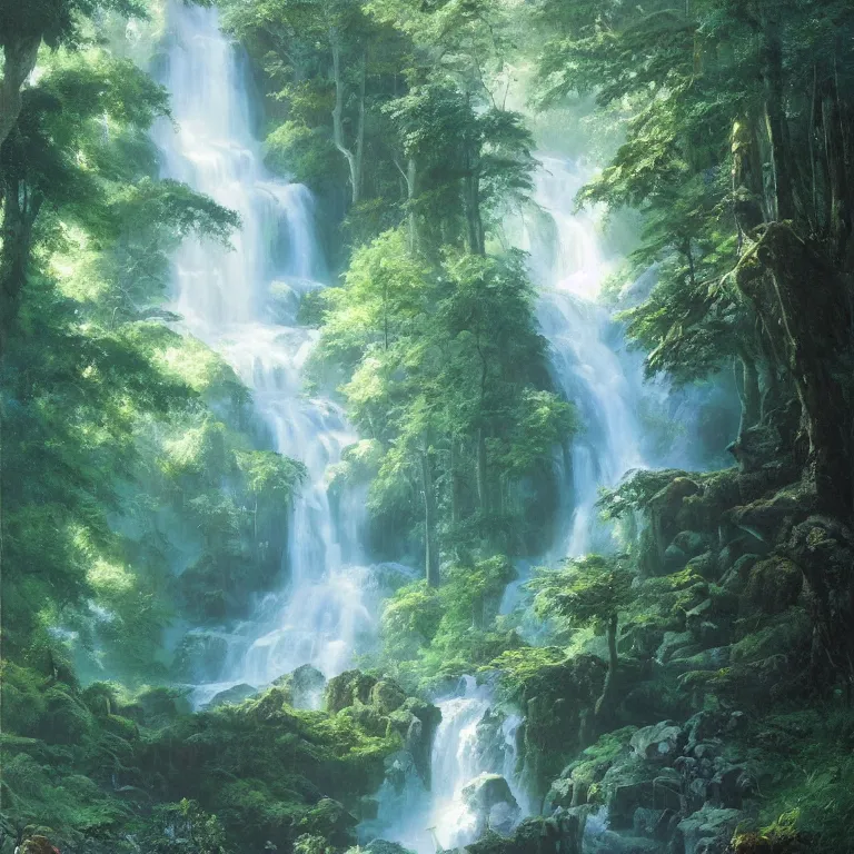 Image similar to A beautiful oil painting of a very tall waterfall on a very rocky cliff, in the middle of a huge forest of trees with bright blue glowing leaves, by Greg Rutkowski