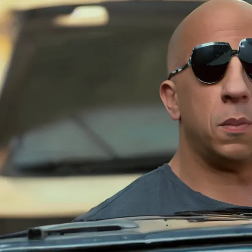 Prompt: vin diesel riding a toy car, action movie, movie scene, hd, 8 k, cinematic, car chase