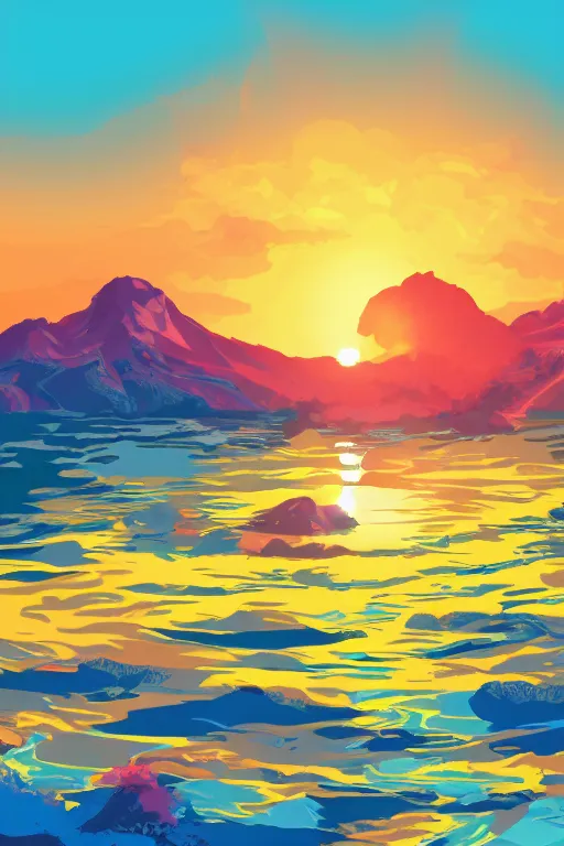 Image similar to sunrise mountain water illustration vector digital art trending on artstation
