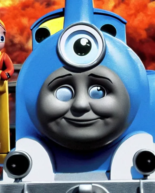 Image similar to Film still close-up shot of Dwayne Johnson as the Thomas the Tank Engine from the movie Thomas and the Magic Railroad. Photographic, photography