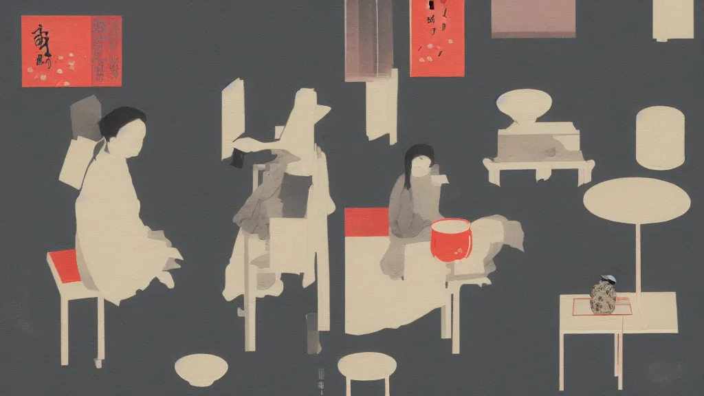 Image similar to a small tea ceremony, japan, a collage painting, in the style of wes anderson, lola dupre, david hockney, isolated on negative white space background dark monochrome neon spraypaint accents volumetric octane render