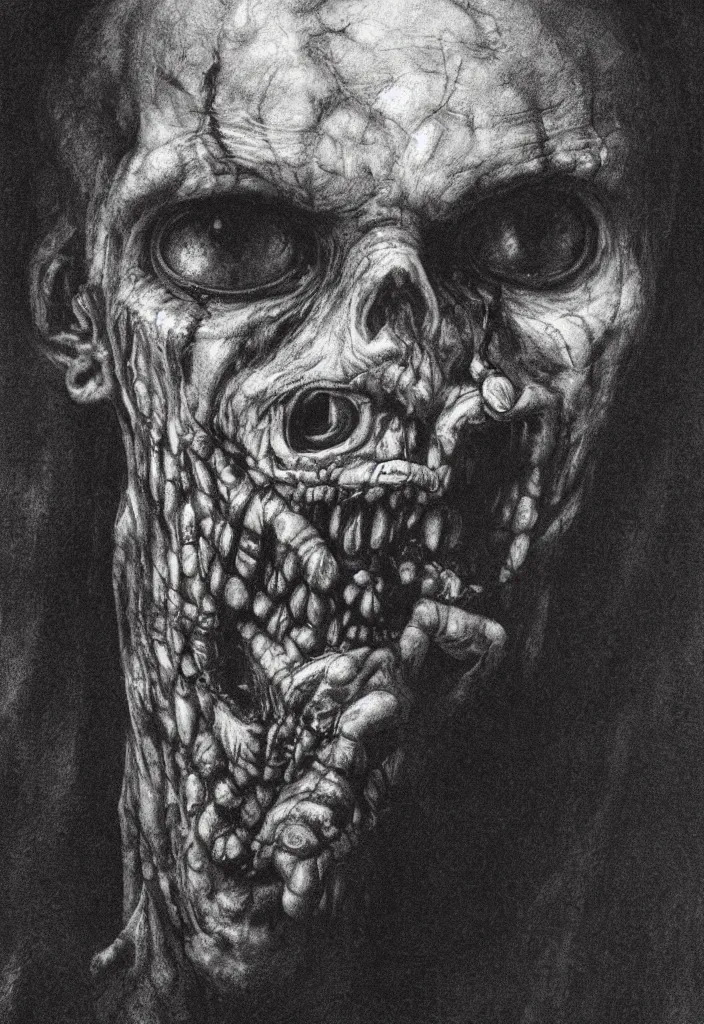 Prompt: closeup portrait of a zombie, creepy atmosphere, dark, portrait, very realistic, illustration by gustave dore