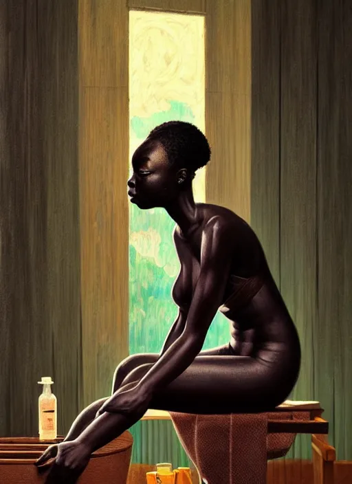 Prompt: danai gurira in finnish sauna, backround dark, highly detailed, digital illustration, trending in artstation, modern painting, smooth, sharp focus, intricate, einar jonsson, ilya repin