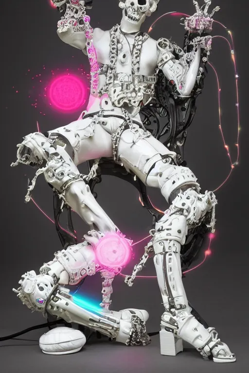 Image similar to full-body rococo and cyberpunk style neon statue of a young attractive mexicano macho chacal android reclining sim roupa con camote, glowing white laser eyes, prince crown of pink gears, diamonds, swirling silver-colored silk fabric. futuristic elements. full-length view. space robots. human skulls. intricate artwork by caravaggio. Trending on artstation, octane render, cinematic lighting from the right, hyper realism, octane render, 8k, depth of field, 3D