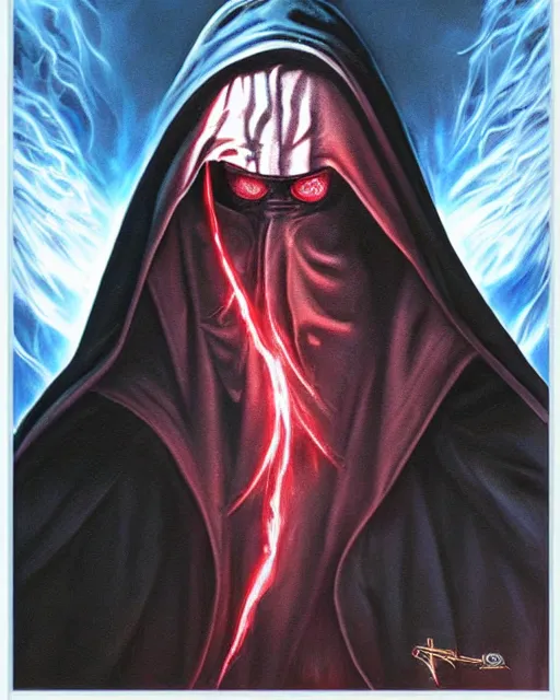 Image similar to hooded evil sith lord, airbrush, drew struzan illustration art, key art, movie poster