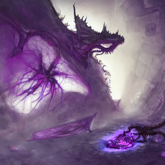 Prompt: inside a cavernous living stomach, the walls purple and pulsing, lots of acid pooling up on the floor, digesting a small dragon, half dissolved on the floor, food pov, micro pov, vore, digital art, furry art, anthro art, warframe infested art, high quality, 8k 3D realistic, macro art, micro art, Furaffinity, Deviantart, Eka's Portal, G6