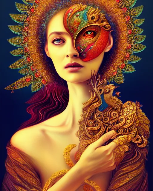 Image similar to portrait of the beautiful young goddess of birds, unusual beauty, etheric, outworldly colours, emotionally evoking symbolic metaphors, head in focus, fantasy, ornamental, intricate, elegant, highly detailed painting style photo, artstation, concept art, painterly, golden ratio, sharp focus, illustration, art by afarin sajedi,