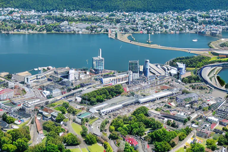 Image similar to bird's eye view photography of a small city. town hall, central farm, monorail station, beach and shipping dock. hills, woods and lake to the north.