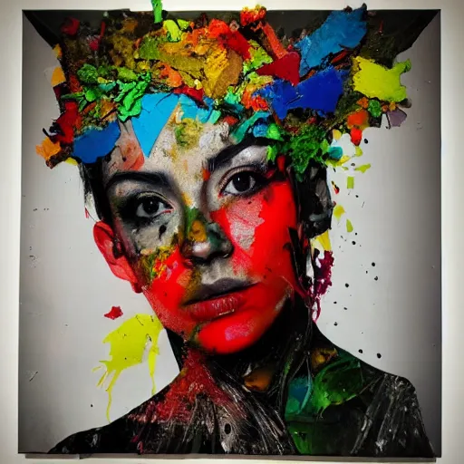 Prompt: photo of young woman by artur bordalo in style of jackson pollack