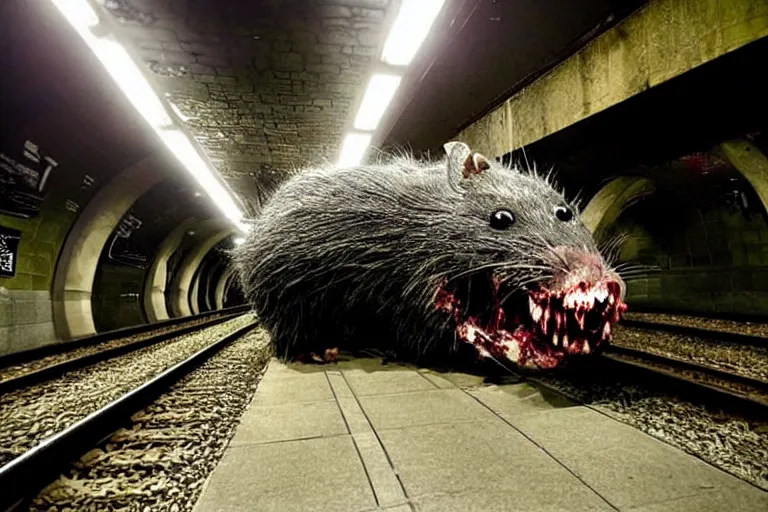 Image similar to very large giant mutant zombie irradiated ( angry rat ) staying on railways in tonnel of moscow subway. tonnel, railways, giant angry rat, furr, fangs, very realistic. extreme long shot, rusty colors, anish kapoor, ( herman nitsch, giger ).