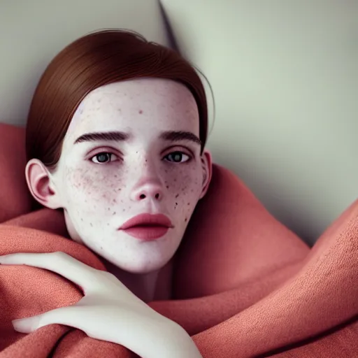 Image similar to portrait of a cute thin young woman, red blush, cute freckles wearing casual clothes, small smile, relaxing on a couch, cozy under a blanket, cozy living room, close up shot, 8 k, trending on artstation, art by diego fazio and irakli nadar and ron mueck, hyperrealism, hyperdetailed, ultra realistic