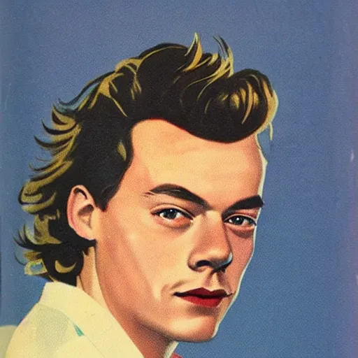 Image similar to “Harry Styles portrait, color vintage magazine illustration 1950”