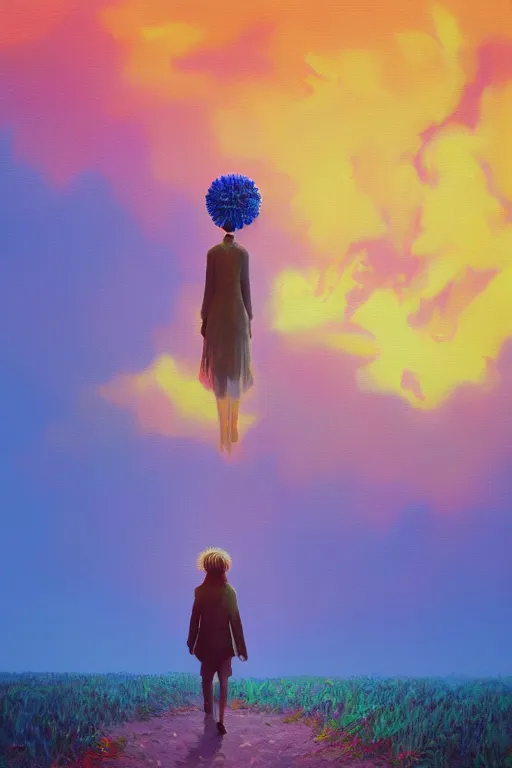 Image similar to giant corn flower head, girl walking on the moon, surreal photography, sunrise, dramatic light, impressionist painting, colorful clouds, digital painting, artstation, simon stalenhag