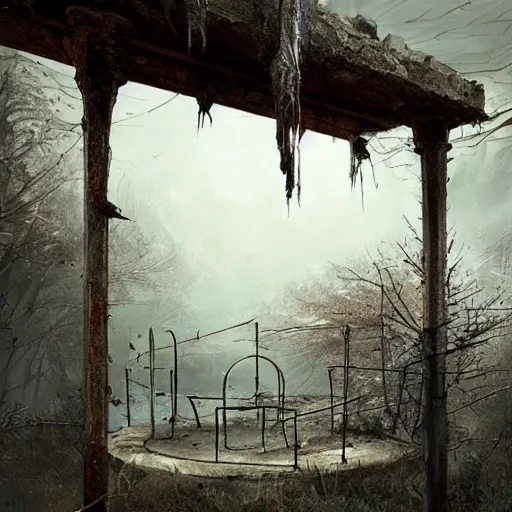 Image similar to michal karcz painting of an abandoned playground. , horror theme, detailed, elegant, intricate, 4k,