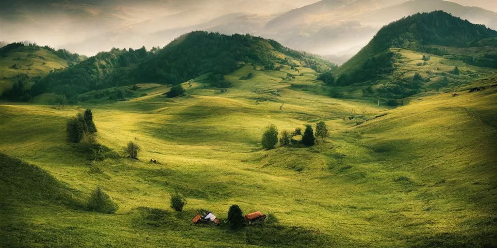 Prompt: rural romanian hills by andreas franke