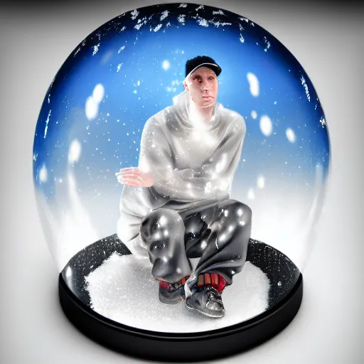 Image similar to eminem trapped inside of a snow globe, trending on artstation, 5 0 mm camera