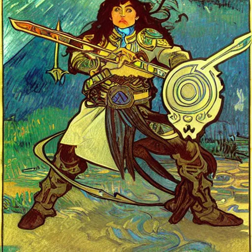 Image similar to painting of elf paladin with long dark hair fighting group of goblins with his sword, wearing armor, modest, lots of goblins, goblins everywhere, art by alphonse mucha, vincent van gogh, egon schiele,