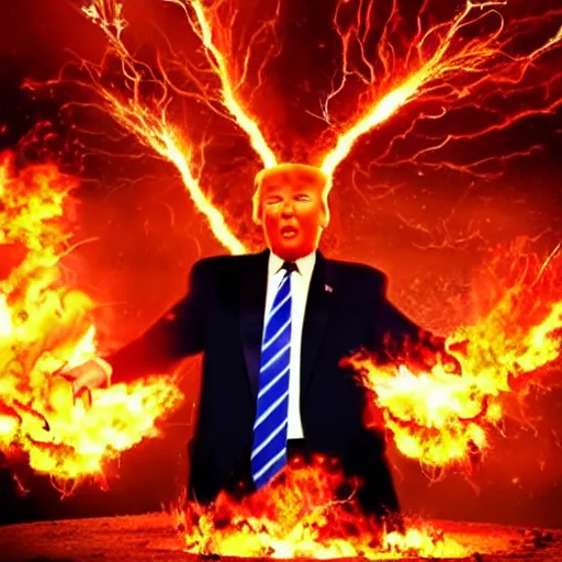 Image similar to burning donald trump casting fireballs, colorful hd picure, lightning in the background