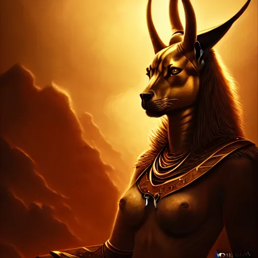 Image similar to Majestic gracious Anubis female warrior portrait, atmospheric lighting, painted, intricate, volumetric lighting, beautiful, rich deep colours masterpiece, golden hour, sharp focus, ultra detailed, by Leesha Hannigan, Ross Tran, Thierry Doizon, Kai Carpenter, Ignacio Fernández Ríos