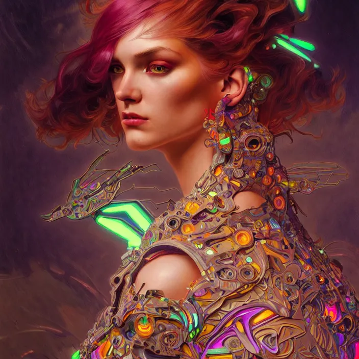 Prompt: bright psychedelic hairy cyborg, diffuse lighting, fantasy, intricate, elegant, highly detailed, lifelike, photorealistic, digital painting, artstation, illustration, concept art, smooth, sharp focus, art by John Collier and Albert Aublet and Krenz Cushart and Artem Demura and Alphonse Mucha