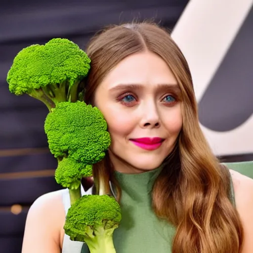 Image similar to elizabeth olsen has a [ [ head made of broccoli for a face ] ]!!, trending on cgsociety, 4 k quality, intricate