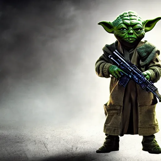 Image similar to Yoda as the main character in Call of Duty black ops, holding a gun, highly detailed, high quality, HD, 4k, 8k, Canon 300mm, professional photographer, 40mp, lifelike, top-rated, award winning, realistic, sharp, no blur, edited, corrected, trending