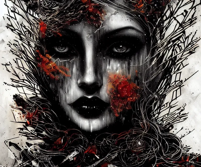 Image similar to stunning otherworldly gothic goddess of ice fire, dark and mysterious, atmospheric, ominous, eerie, cinematic, epic, 8 k, 4 k, ultra detail, ultra realistic, rendered by awesomeness. nights falling wind is blowwing snow is pilling concept art in style of carne griffiths artwork by xsullo el anatsui