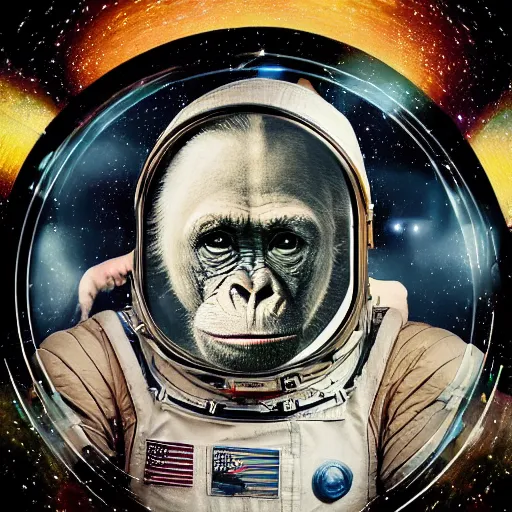 Image similar to double exposure portrait of astronaut and a chimpanzee astronaut with space and time in the the background by davinci, circles, psychedelic, pencil art, high definition, dynamic lighting stars, sharpness, golden ratio